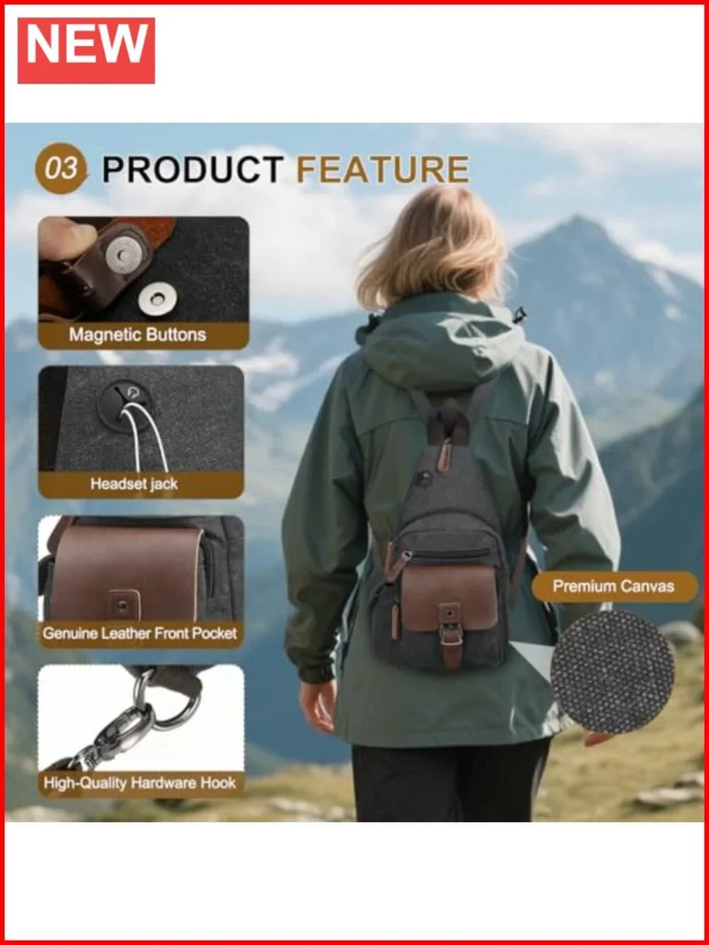 Vintage Canvas Sling Bag Crossbody Backpack Leather Trim Water Resistant WiFi